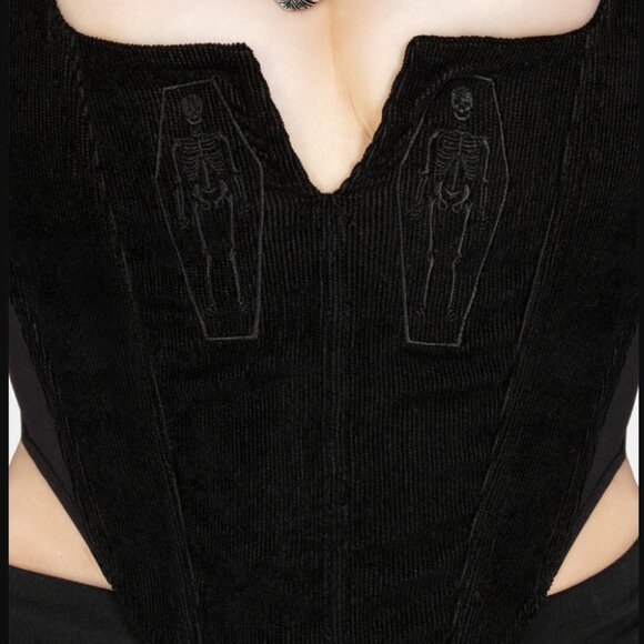 Disturbia Immortal Split Black Corset Skeleton Embroidered Crop Tank - Picture 3 of 5